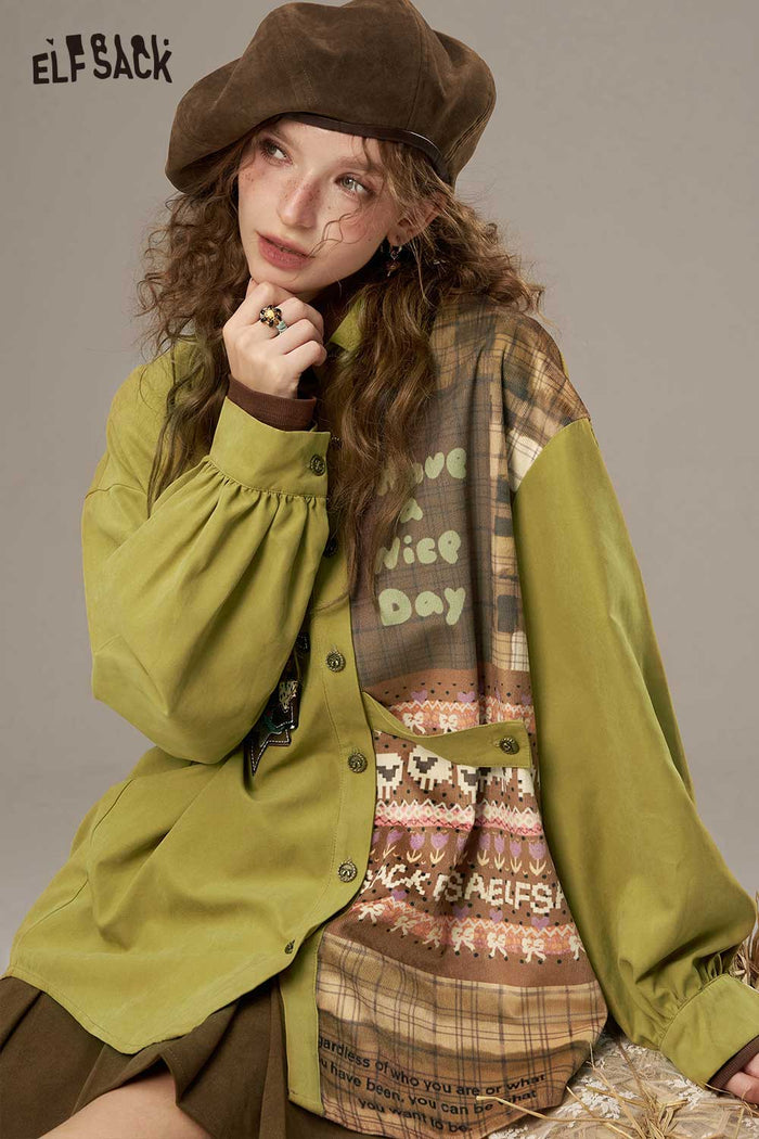ELFSACK Soft Piecemeal Design Large Area Print Lantern Sleeves Collared Shirt