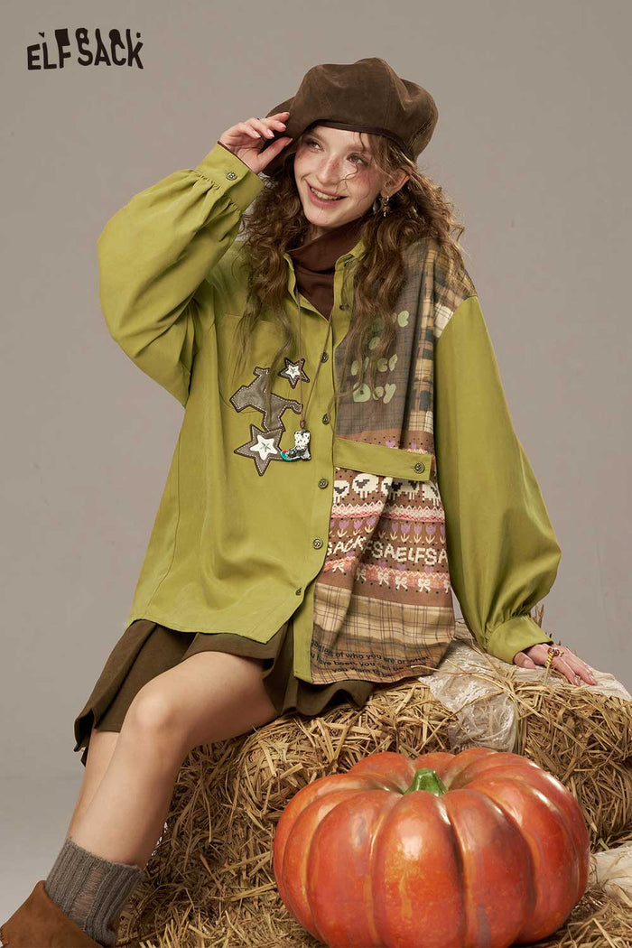 ELFSACK Soft Piecemeal Design Large Area Print Lantern Sleeves Collared Shirt