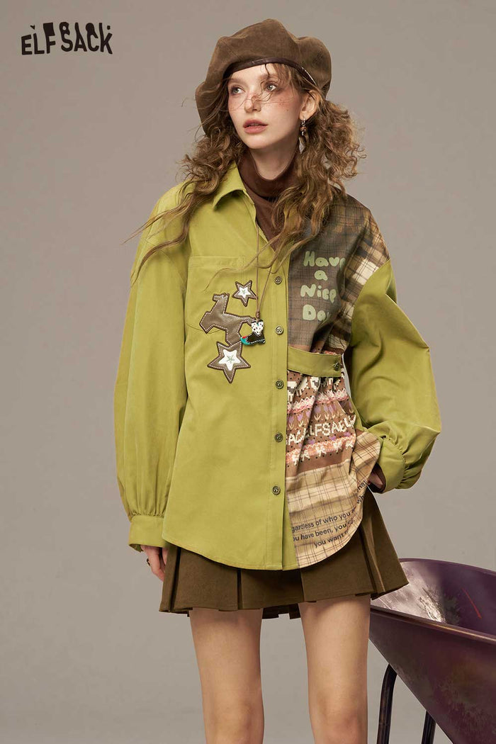 ELFSACK Soft Piecemeal Design Large Area Print Lantern Sleeves Collared Shirt