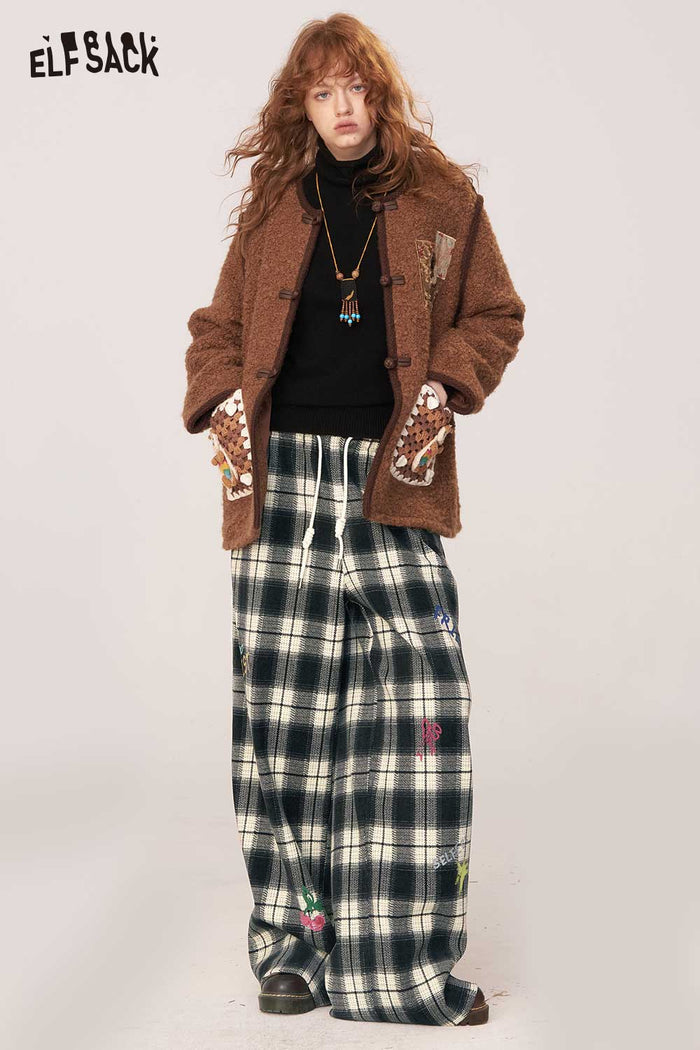 ELFSACK Soft Plaid Cartoon Embroidery Wide Leg Pants