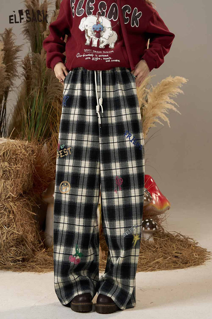 ELFSACK Soft Plaid Cartoon Embroidery Wide Leg Pants
