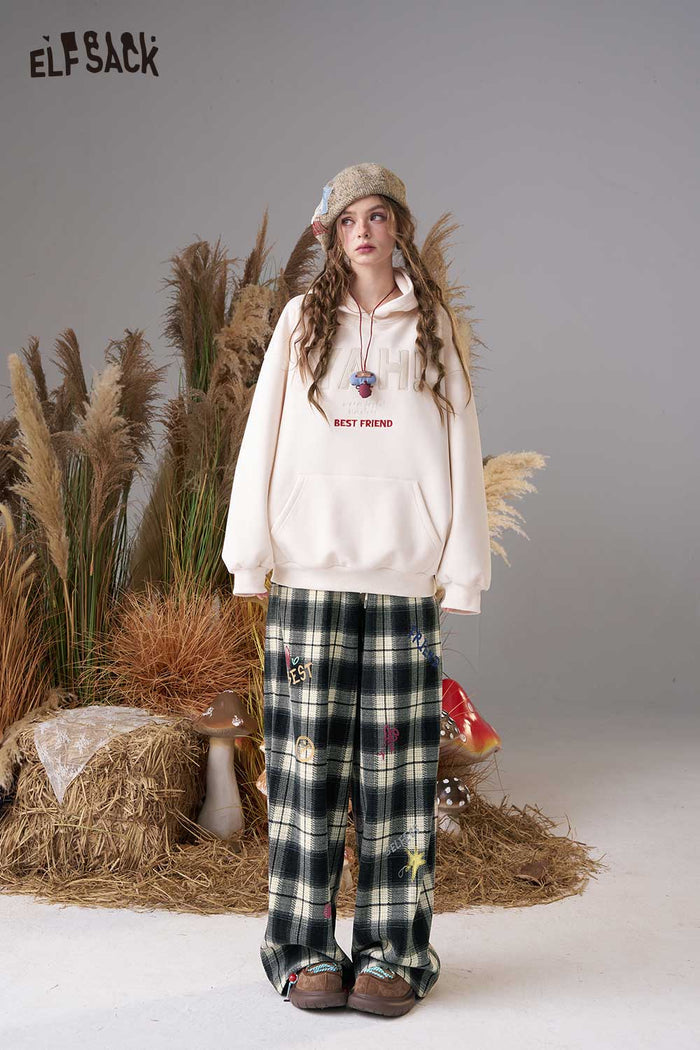 ELFSACK Soft Plaid Cartoon Embroidery Wide Leg Pants