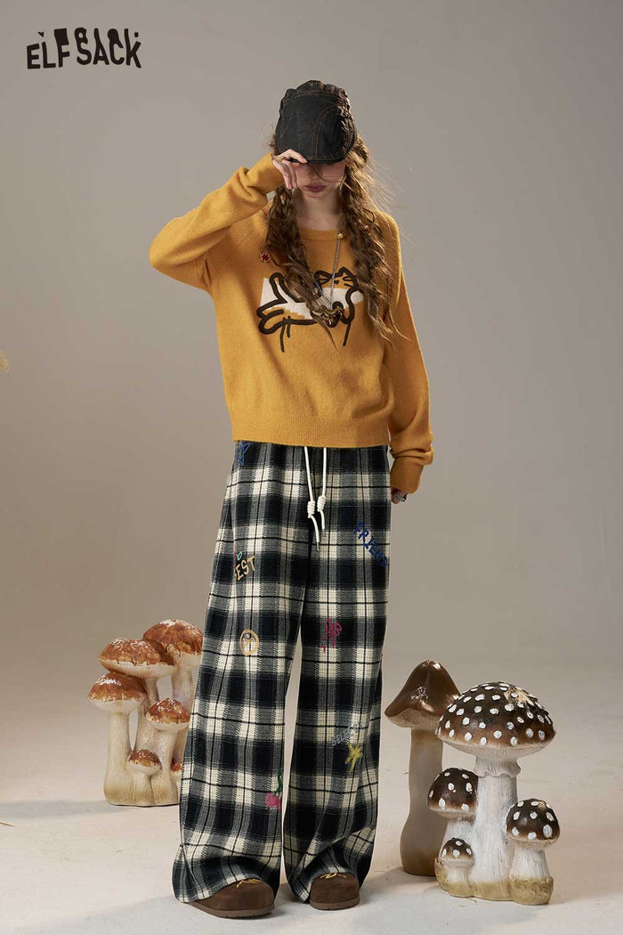 ELFSACK Soft Plaid Cartoon Embroidery Wide Leg Pants