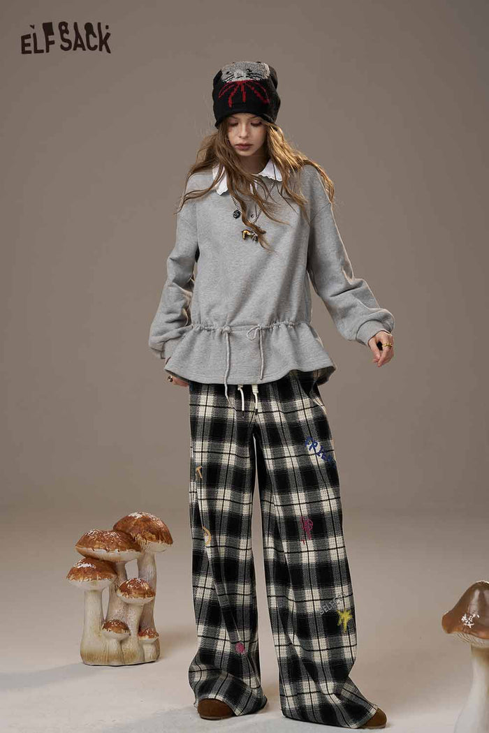ELFSACK Soft Plaid Cartoon Embroidery Wide Leg Pants