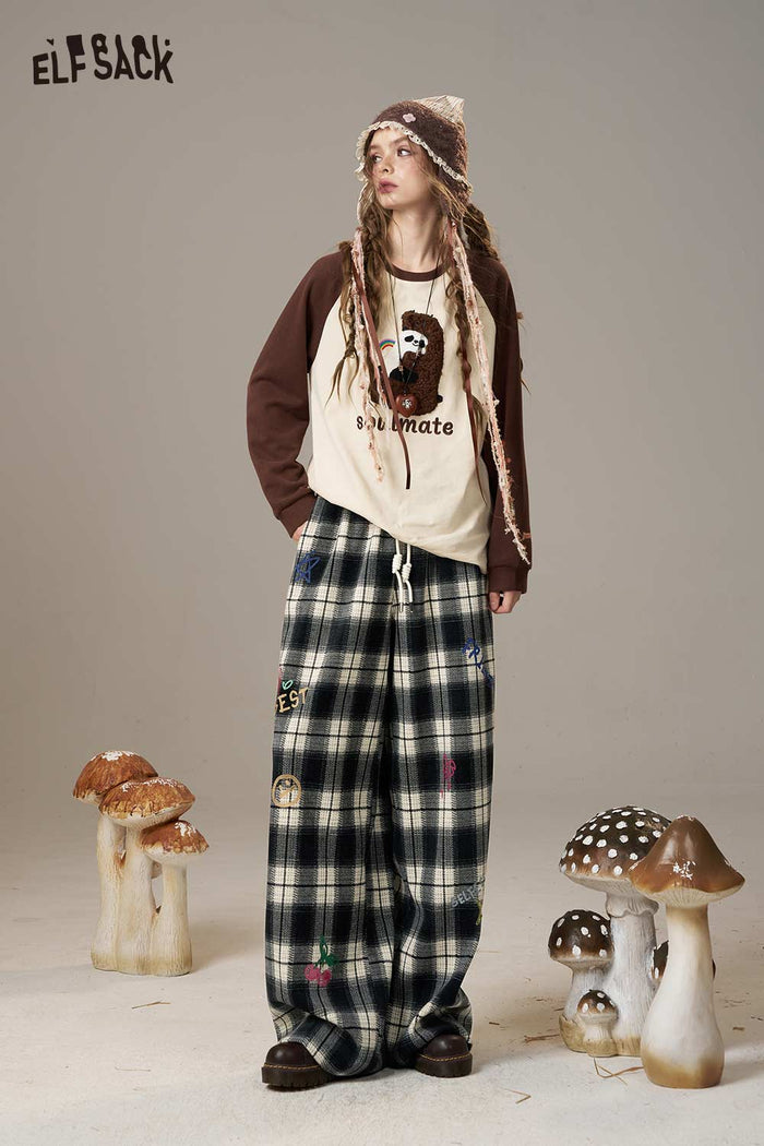 ELFSACK Soft Plaid Cartoon Embroidery Wide Leg Pants