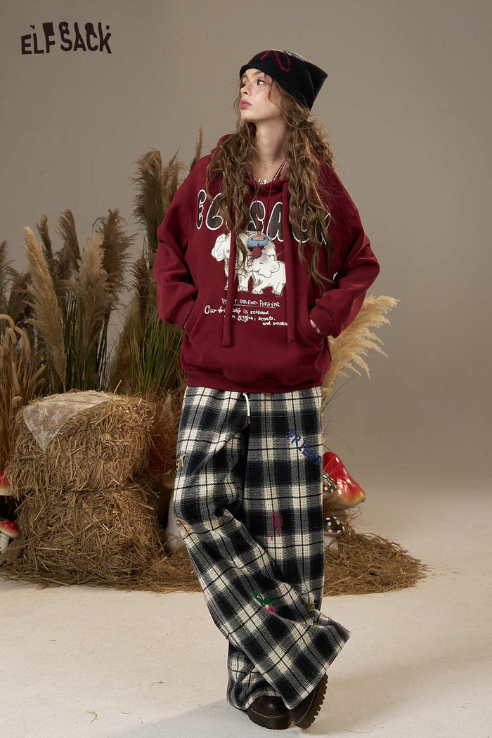 ELFSACK Soft Plaid Cartoon Embroidery Wide Leg Pants