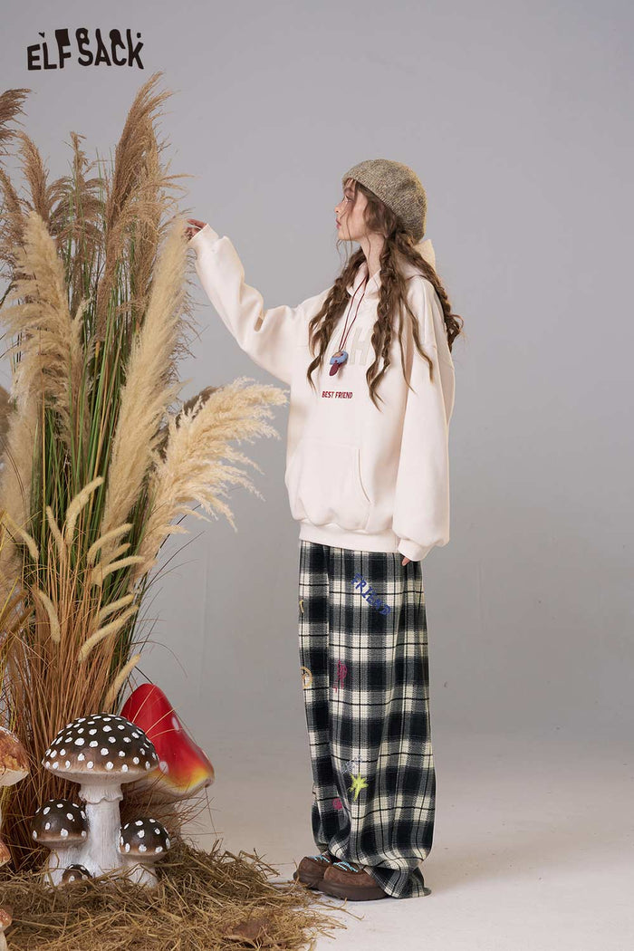 ELFSACK Soft Plaid Cartoon Embroidery Wide Leg Pants