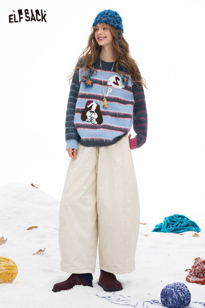 ELFSACK Soft Plush Stripe Contrast Sleeve Dog Graphic Round Neck Sweater
