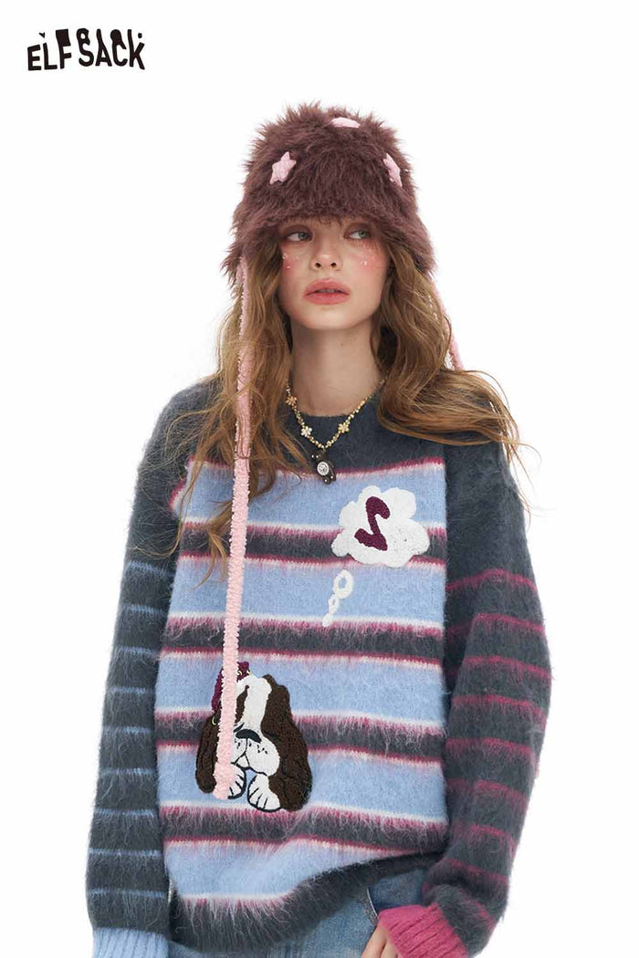 ELFSACK Soft Plush Stripe Contrast Sleeve Dog Graphic Round Neck Sweater
