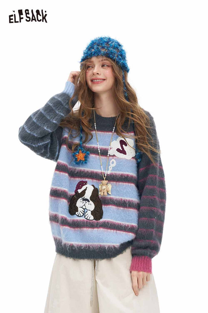 ELFSACK Soft Plush Stripe Contrast Sleeve Dog Graphic Round Neck Sweater