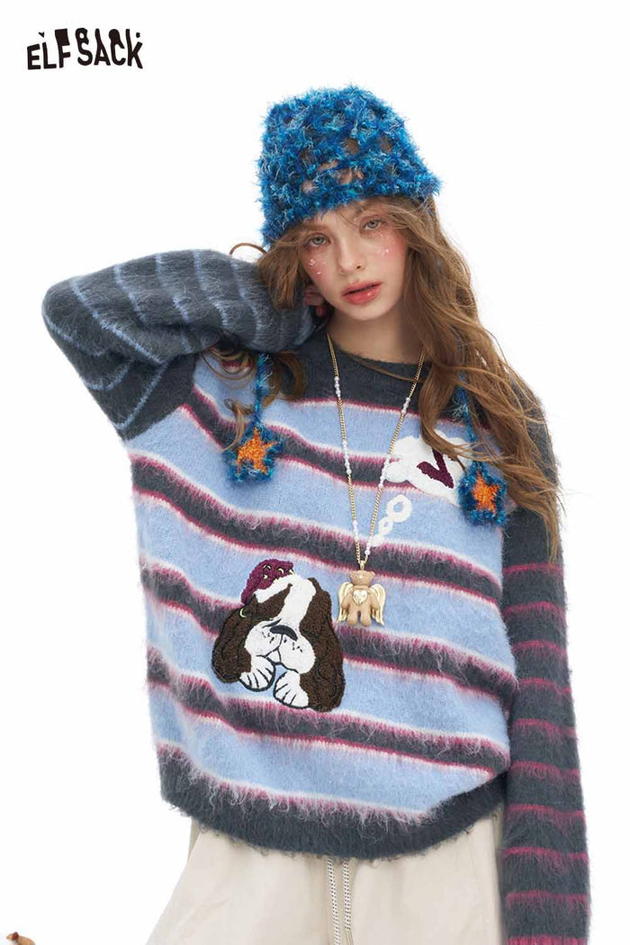 ELFSACK Soft Plush Stripe Contrast Sleeve Dog Graphic Round Neck Sweater
