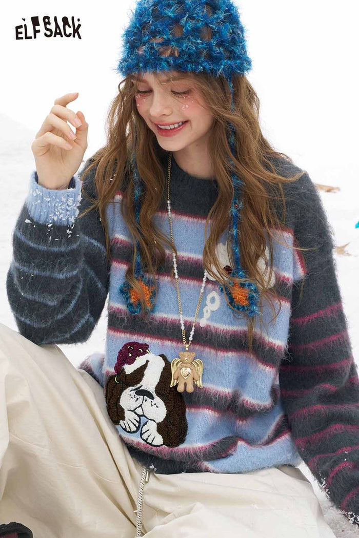 ELFSACK Soft Plush Stripe Contrast Sleeve Dog Graphic Round Neck Sweater