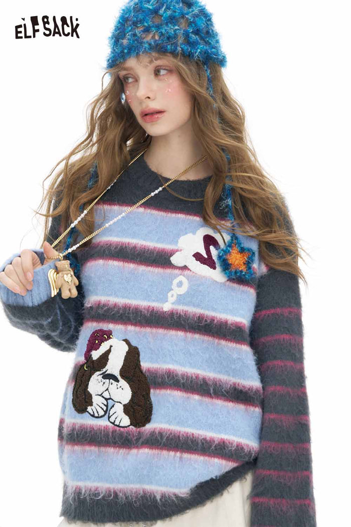 ELFSACK Soft Plush Stripe Contrast Sleeve Dog Graphic Round Neck Sweater