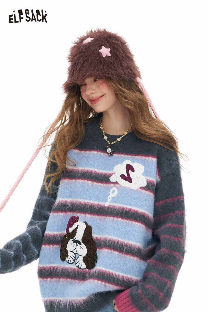 ELFSACK Soft Plush Stripe Contrast Sleeve Dog Graphic Round Neck Sweater