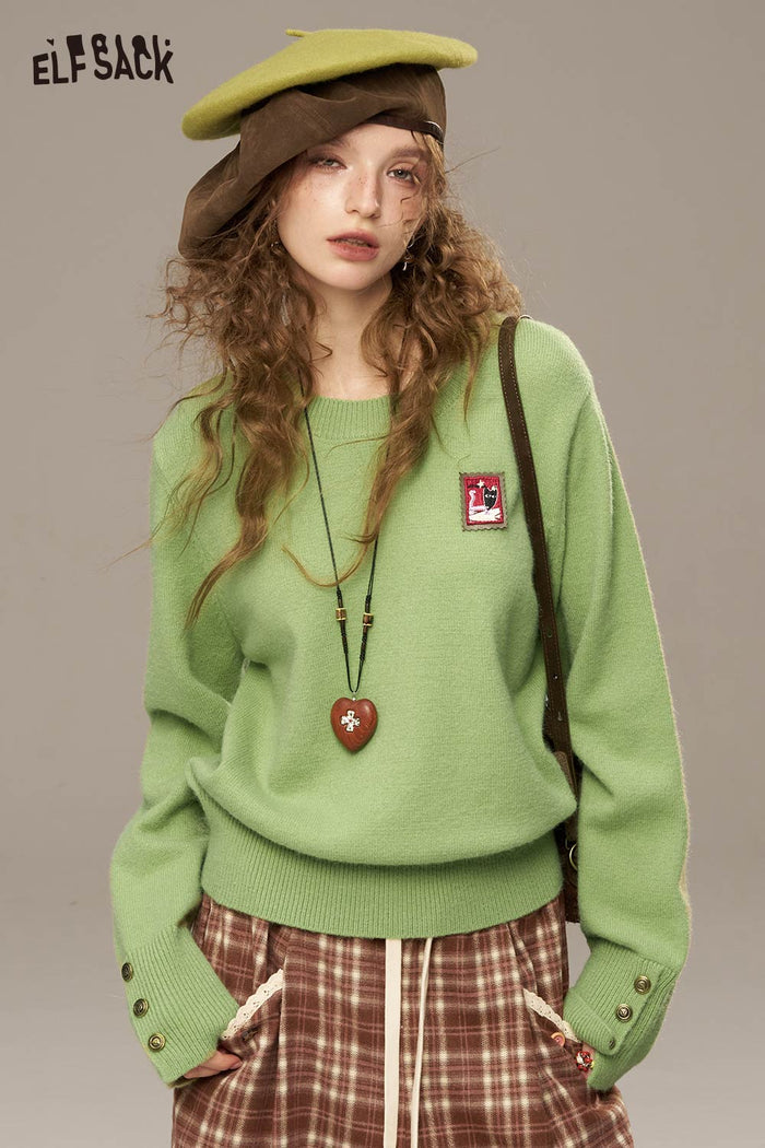 ELFSACK Soft Postal Stamp Raised Stitch Crew Neckline Oversized Sweater