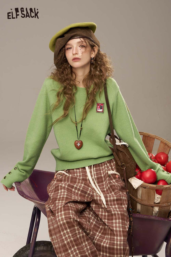 ELFSACK Soft Postal Stamp Raised Stitch Crew Neckline Oversized Sweater