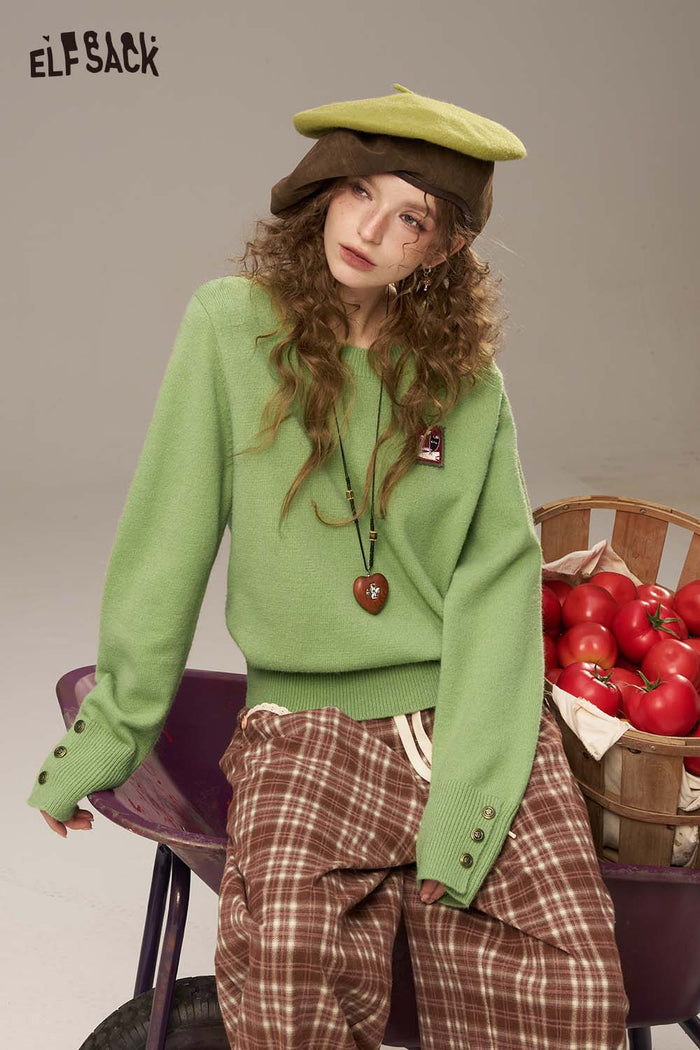 ELFSACK Soft Postal Stamp Raised Stitch Crew Neckline Oversized Sweater