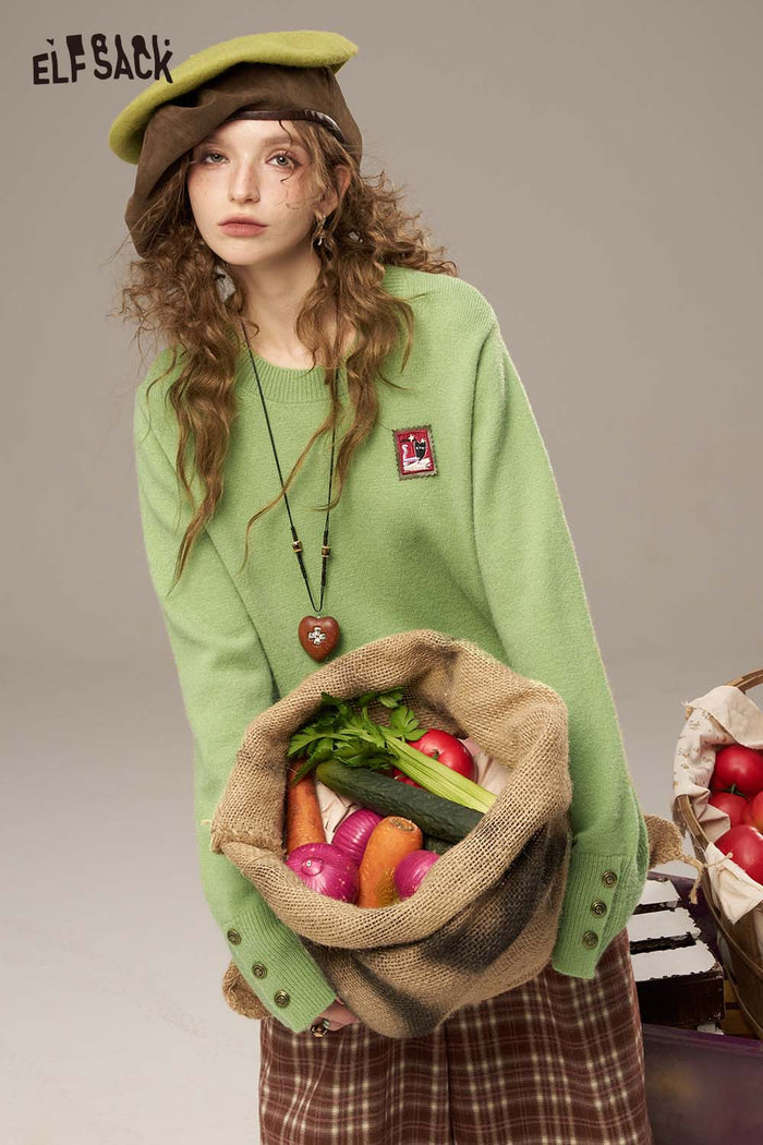 ELFSACK Soft Postal Stamp Raised Stitch Crew Neckline Oversized Sweater