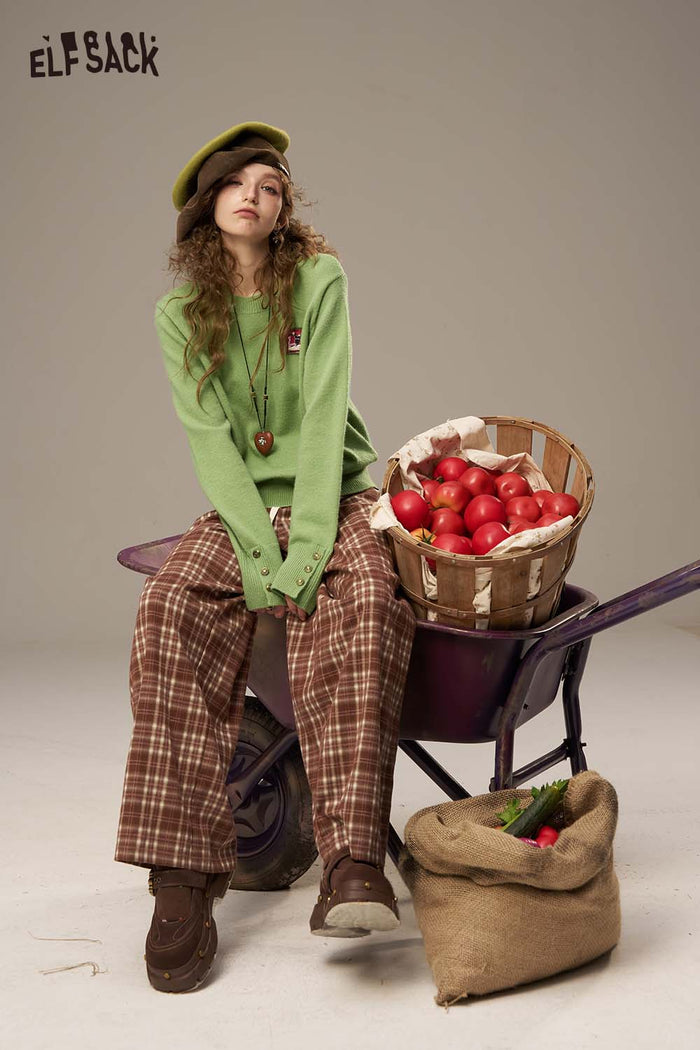 ELFSACK Soft Postal Stamp Raised Stitch Crew Neckline Oversized Sweater