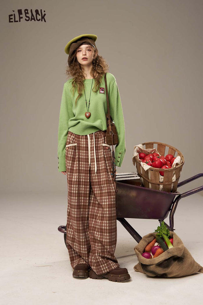 ELFSACK Soft Postal Stamp Raised Stitch Crew Neckline Oversized Sweater