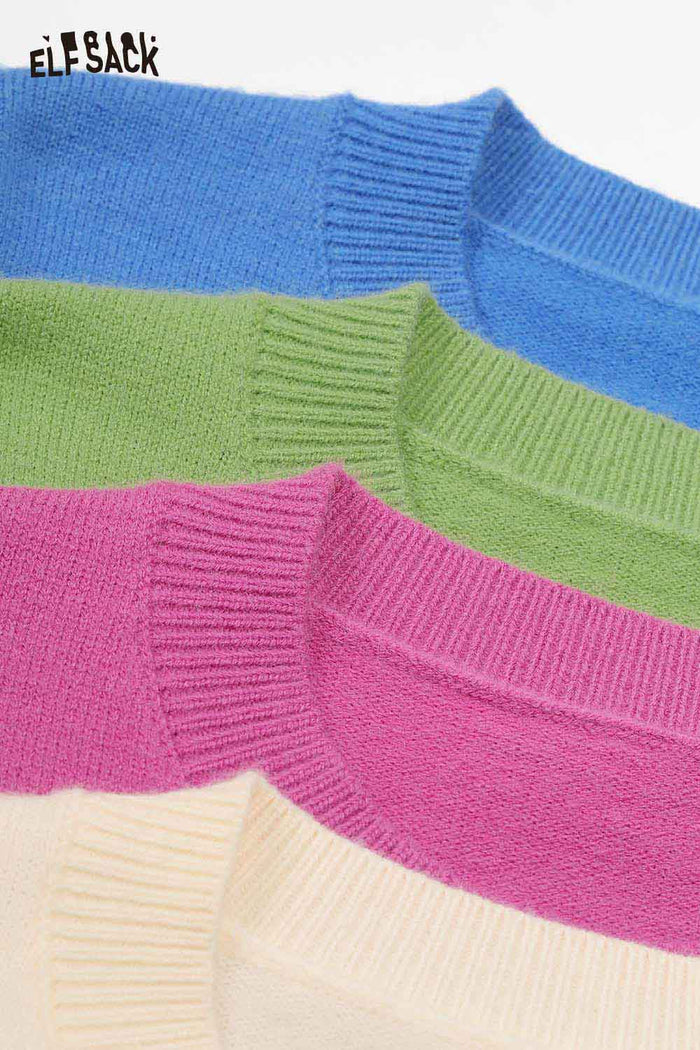 ELFSACK Soft Postal Stamp Raised Stitch Crew Neckline Oversized Sweater