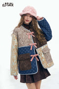 ELFSACK Soft Preppy Casual Pattern Patchwork Bow Button V Neck Coat