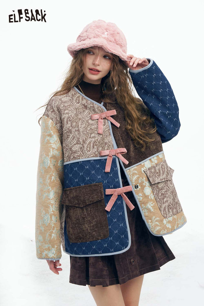 ELFSACK Soft Preppy Casual Pattern Patchwork Bow Button V Neck Coat