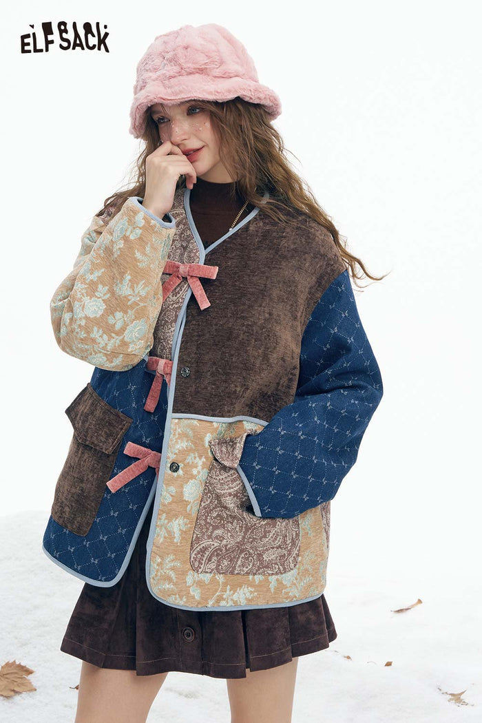 ELFSACK Soft Preppy Casual Pattern Patchwork Bow Button V Neck Coat