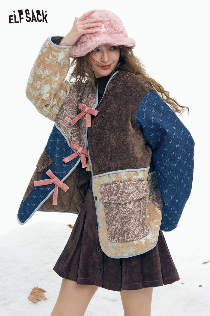 ELFSACK Soft Preppy Casual Pattern Patchwork Bow Button V Neck Coat