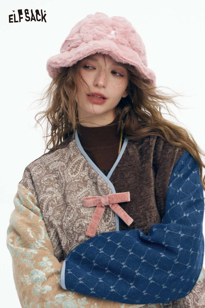 ELFSACK Soft Preppy Casual Pattern Patchwork Bow Button V Neck Coat