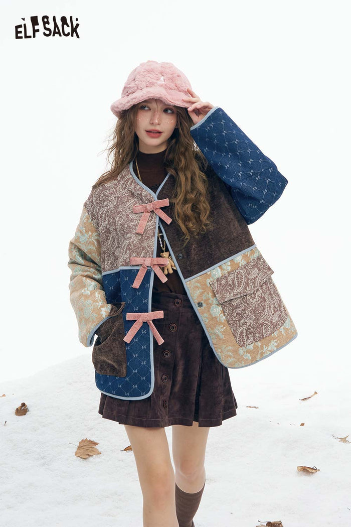 ELFSACK Soft Preppy Casual Pattern Patchwork Bow Button V Neck Coat
