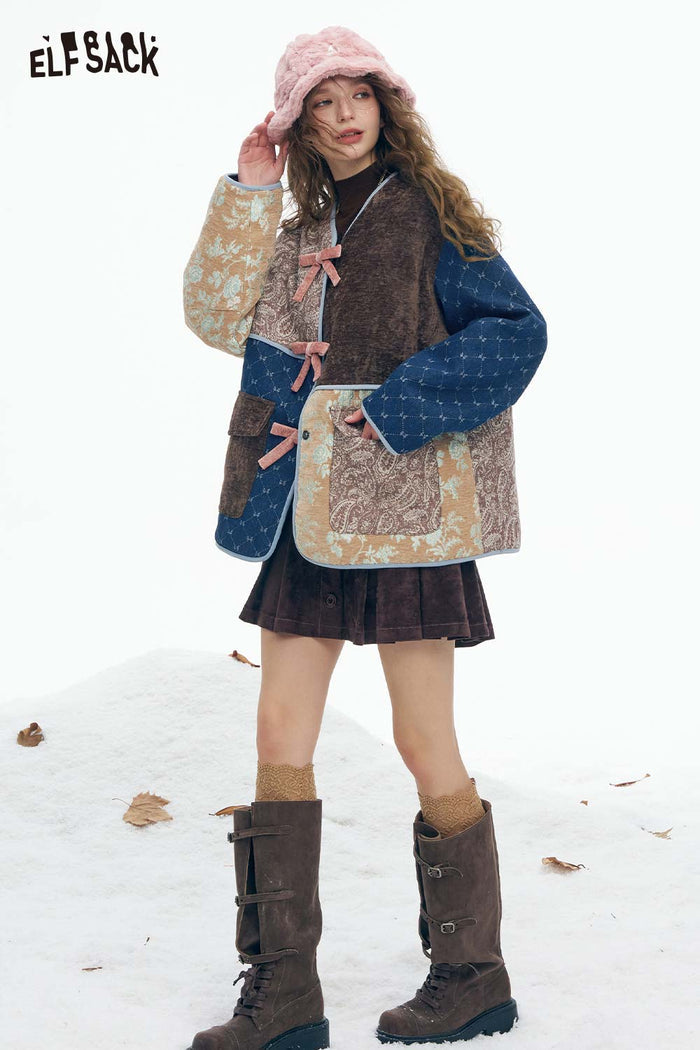 ELFSACK Soft Preppy Casual Pattern Patchwork Bow Button V Neck Coat