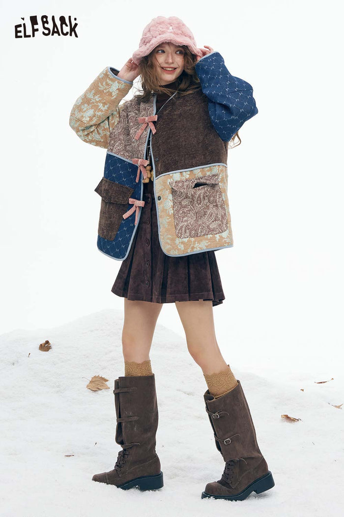 ELFSACK Soft Preppy Casual Pattern Patchwork Bow Button V Neck Coat