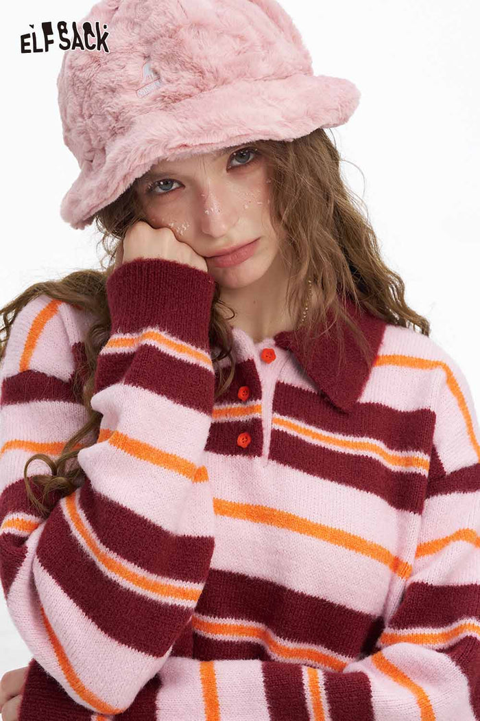 ELFSACK Soft Preppy Casual Stripe Polo Shirt Collar Flower Button Sweater