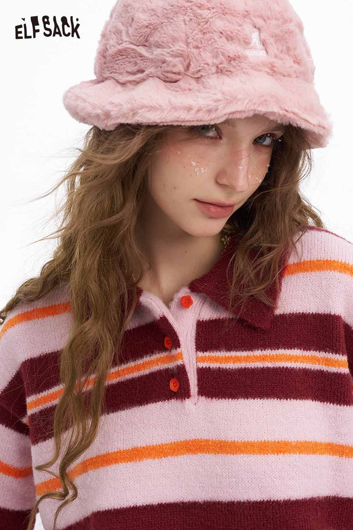 ELFSACK Soft Preppy Casual Stripe Polo Shirt Collar Flower Button Sweater