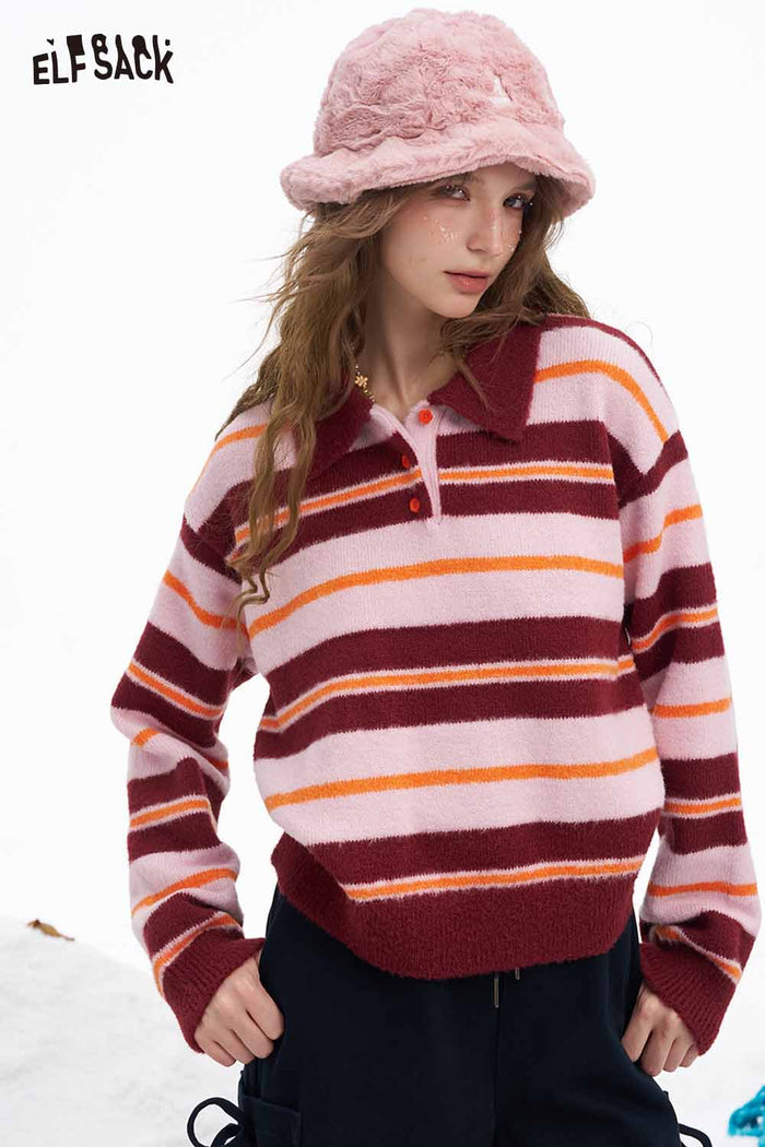 ELFSACK Soft Preppy Casual Stripe Polo Shirt Collar Flower Button Sweater