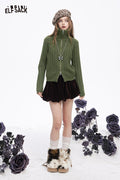 ELFSACK Soft Preppy Solid Vertical Rib Full Zip Lapel Sweater