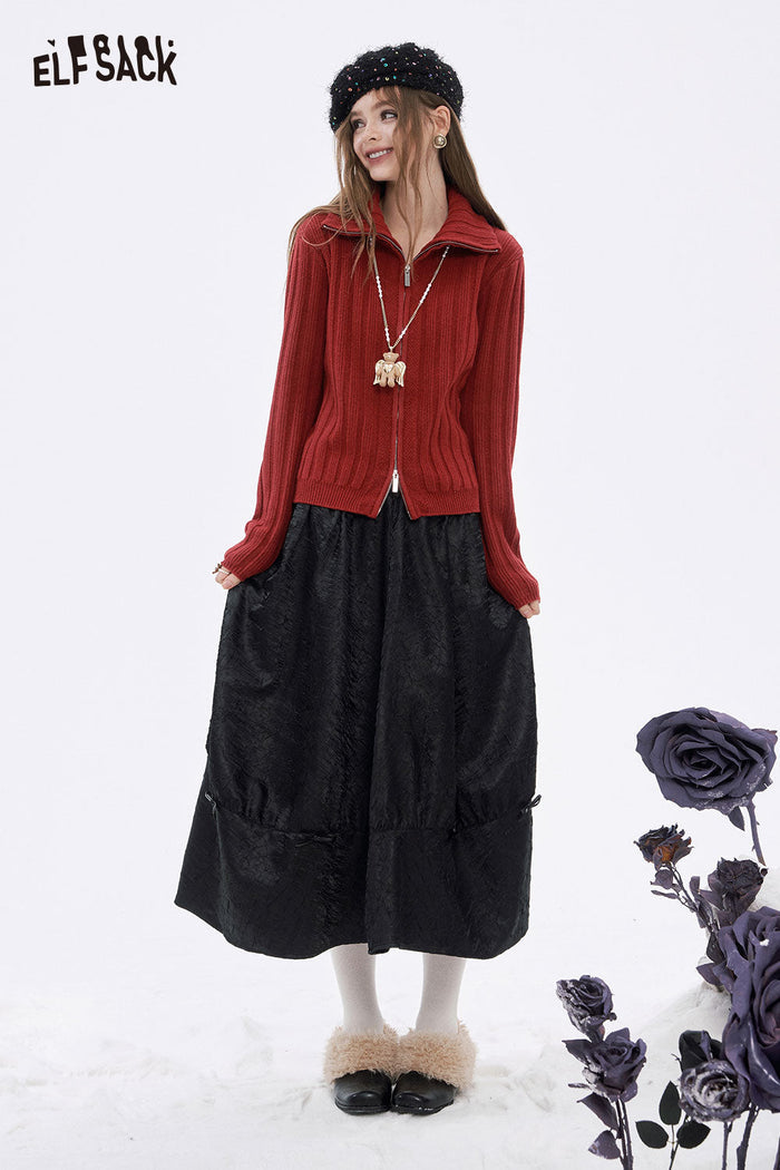 ELFSACK Soft Preppy Solid Vertical Rib Full Zip Lapel Sweater
