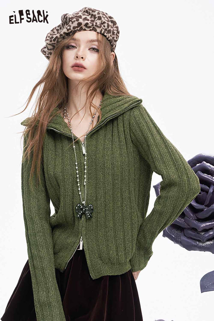 ELFSACK Soft Preppy Solid Vertical Rib Full Zip Lapel Sweater