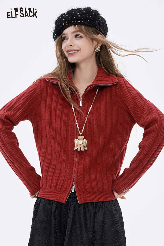 ELFSACK Soft Preppy Solid Vertical Rib Full Zip Lapel Sweater
