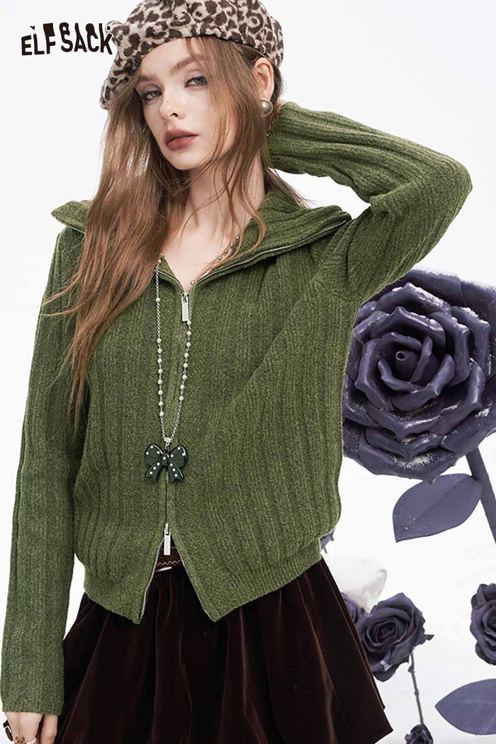ELFSACK Soft Preppy Solid Vertical Rib Full Zip Lapel Sweater