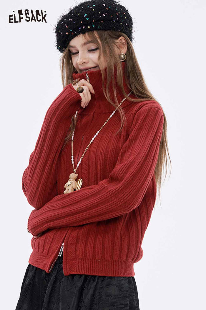 ELFSACK Soft Preppy Solid Vertical Rib Full Zip Lapel Sweater