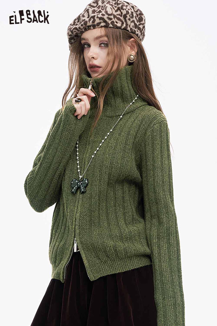 ELFSACK Soft Preppy Solid Vertical Rib Full Zip Lapel Sweater