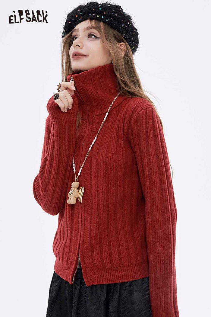 ELFSACK Soft Preppy Solid Vertical Rib Full Zip Lapel Sweater