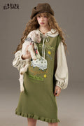 ELFSACK Soft Puffed Sleeve Whimsical Embroidery Detail Layered Dress