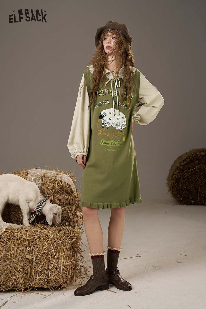 ELFSACK Soft Puffed Sleeve Whimsical Embroidery Detail Layered Dress