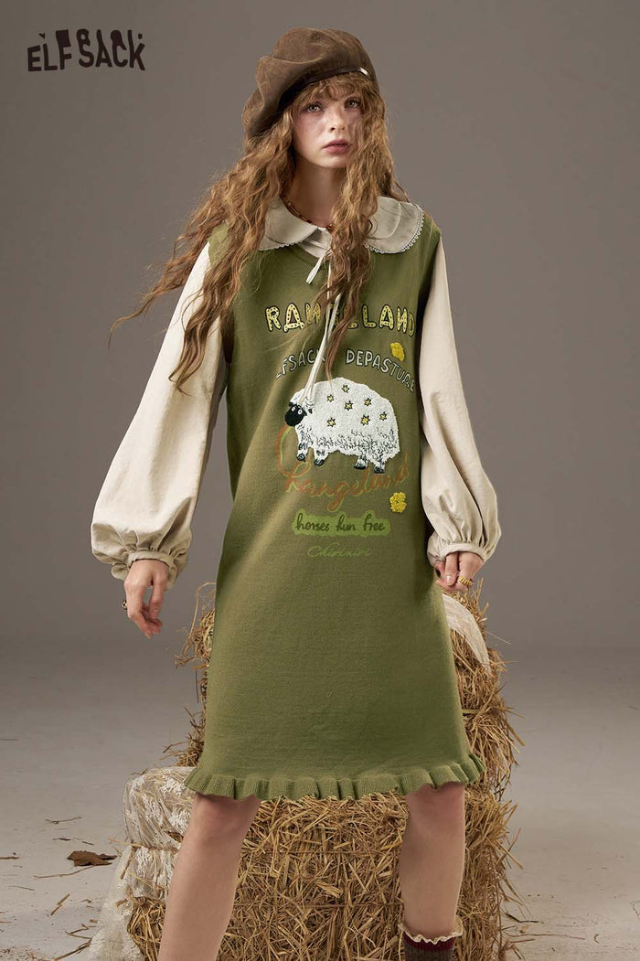 ELFSACK Soft Puffed Sleeve Whimsical Embroidery Detail Layered Dress