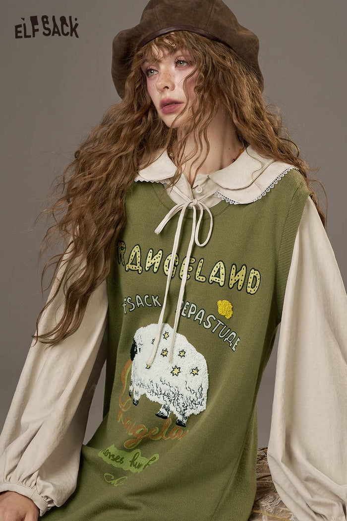 ELFSACK Soft Puffed Sleeve Whimsical Embroidery Detail Layered Dress