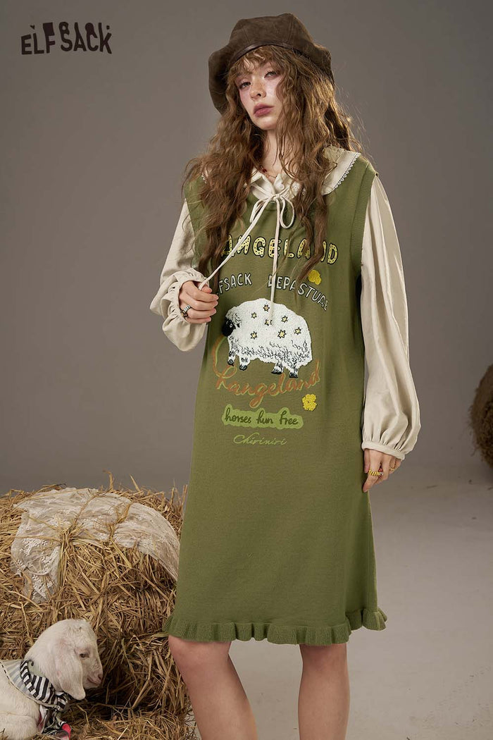 ELFSACK Soft Puffed Sleeve Whimsical Embroidery Detail Layered Dress