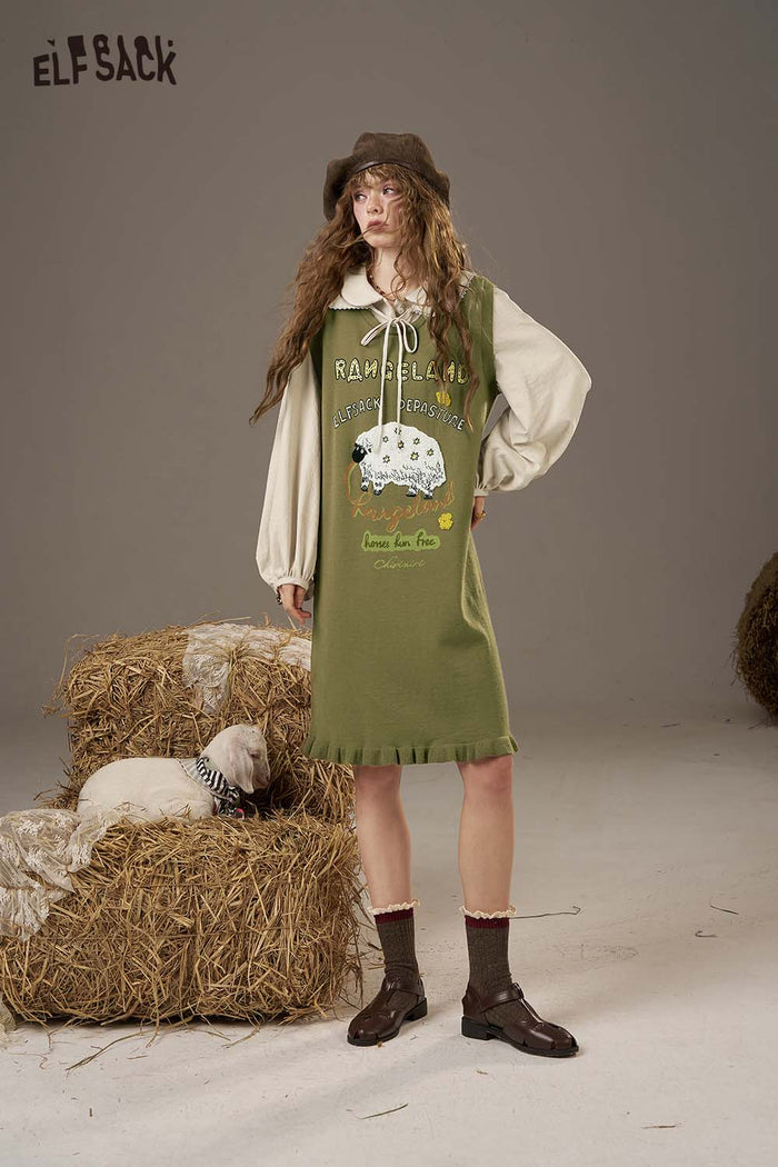 ELFSACK Soft Puffed Sleeve Whimsical Embroidery Detail Layered Dress